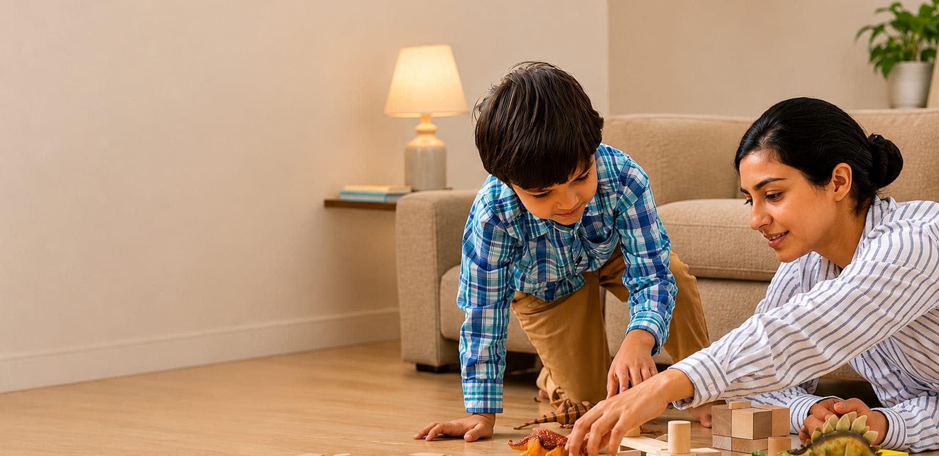 A caregiver playing with a child at home